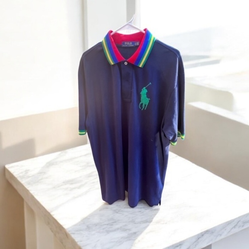 Polo Ralph Lauren navy blue big green pony rainbow collar rugby shirt red yellow